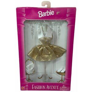 NIB Vintage Barbie Fashion Avenue Outfit #14980 Gold Lame & White Collared Dress
